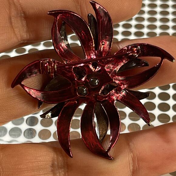 Vintage Silver & Red Floral Metal Stacked Brooch Pin Lapel B#18 - Picture 3 of 7